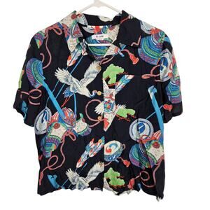 Re/Done Shirt 50s Hawaiian Shirt Women M Blue Japanese Tsuru Casual Shirt Women